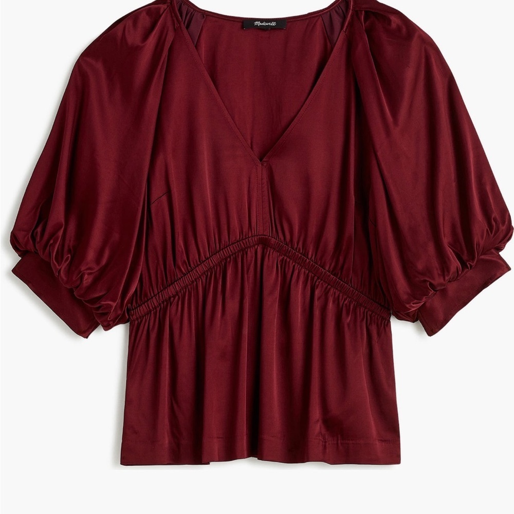 MADEWELL
Shirred Puff Sleeve Satin Top In Cabernet
 Burgundy Women's Top XXL